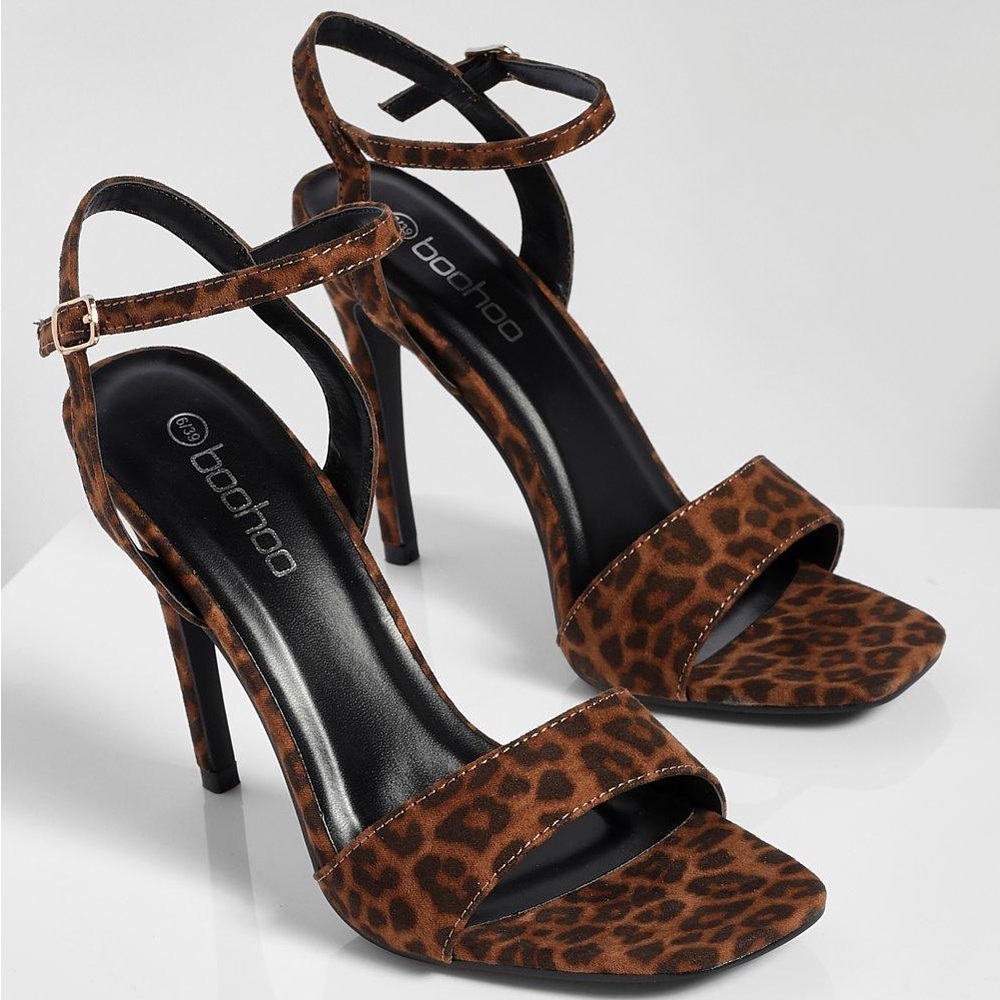 Boohoo Leopard Square Toe Ankle Strap Sandal